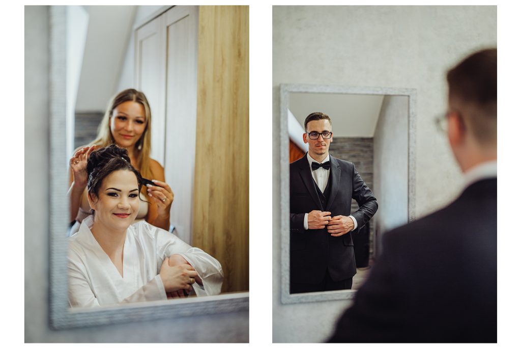 A menyasszony és a vőlegény készülődésének párhuzamos pillanatai esküvői fotókollázson.